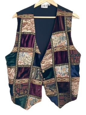 Vintage J.R.T Patchwork Velvet Vest XL in Burgundy & Green 90's